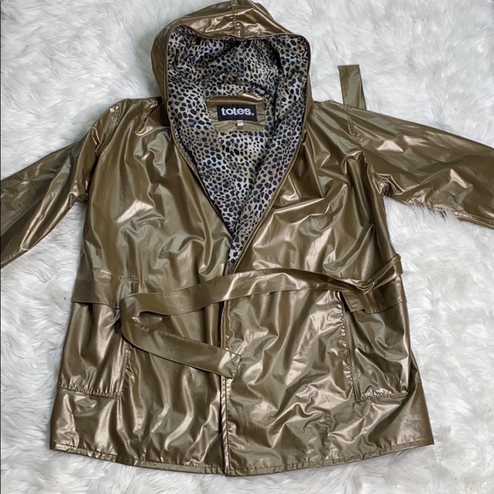 Totes Gold & Leopard Animal Print Oversize Rain Coat / Trench Coat